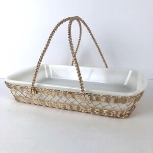 VTG Glasbake Milk Glass Casserole Dish J-263 w Gold Wire Basket Carrier MCM